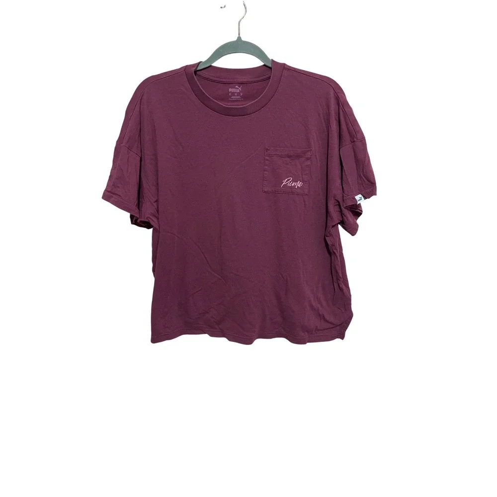 Puma Womens Boxy Pocket T-Shirt Burgundy Script Logo XL Short Sleeve-Retro - Picture 2 of 11